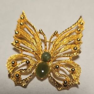 Elegant Hobe Signed Jade Butterfly Brooch